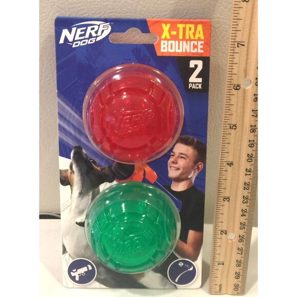 Nerf Dog Holiday X-TRA Bounce Red Green Balls Set of 2 Dog Toy - Picture 3 of 3